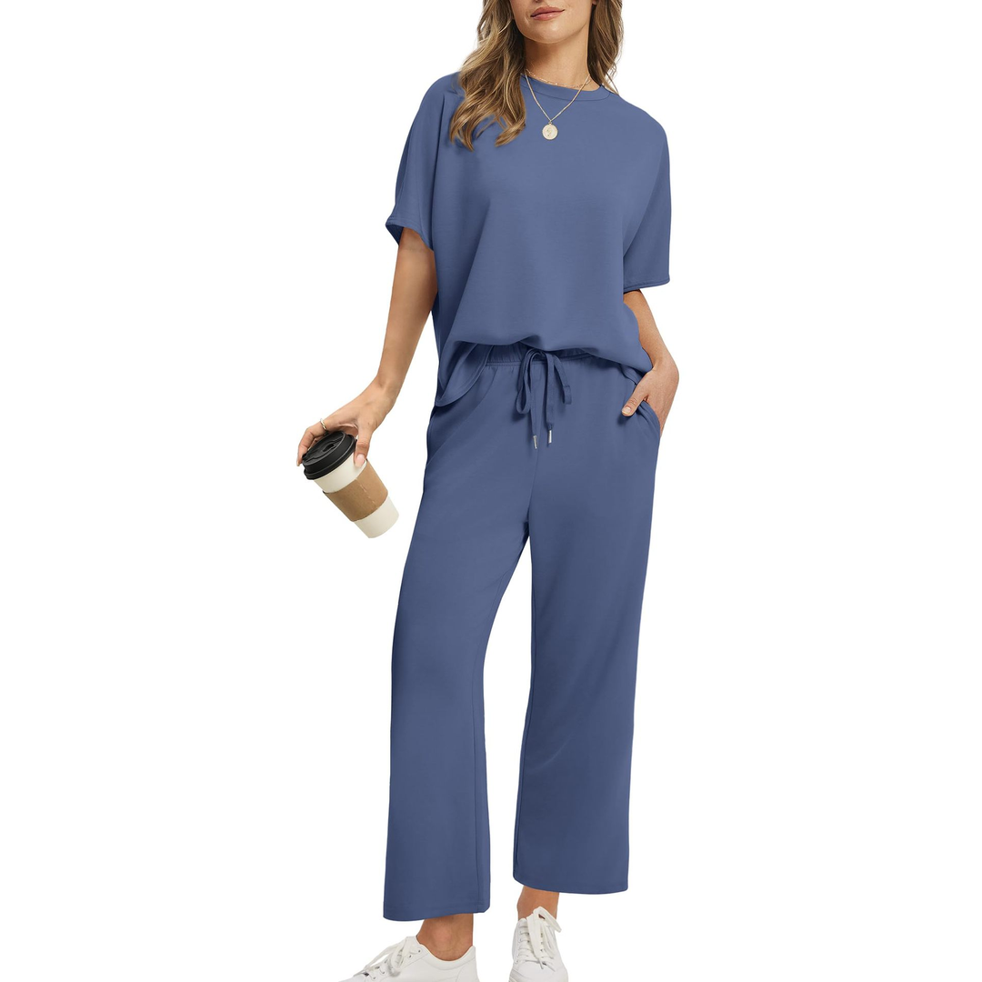 Round Neck Top &amp; Wide Leg Pants Set
