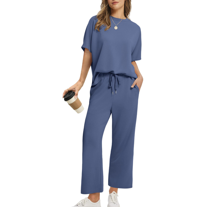Round Neck Top &amp; Wide Leg Pants Set
