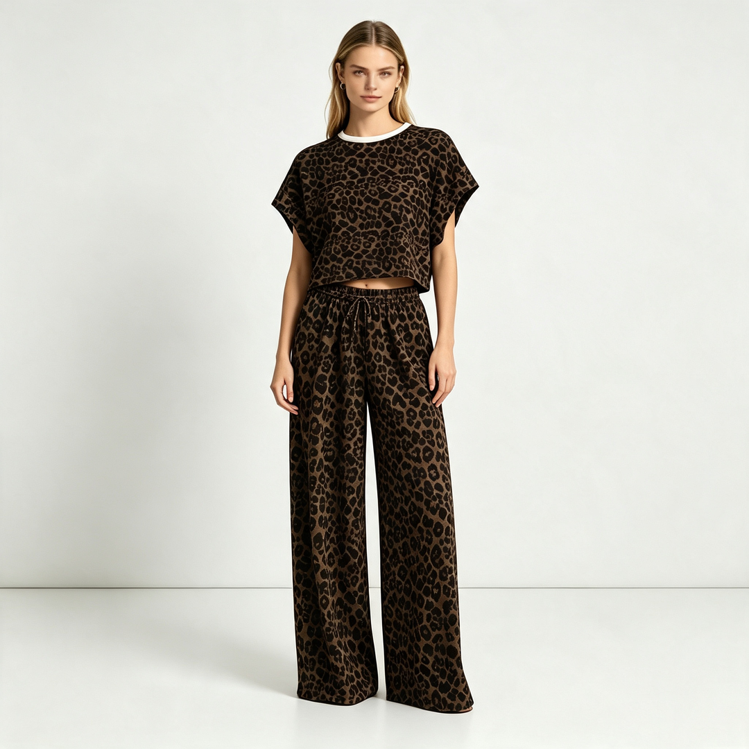 Leopard print short-sleeved wide-leg pants loungewear set