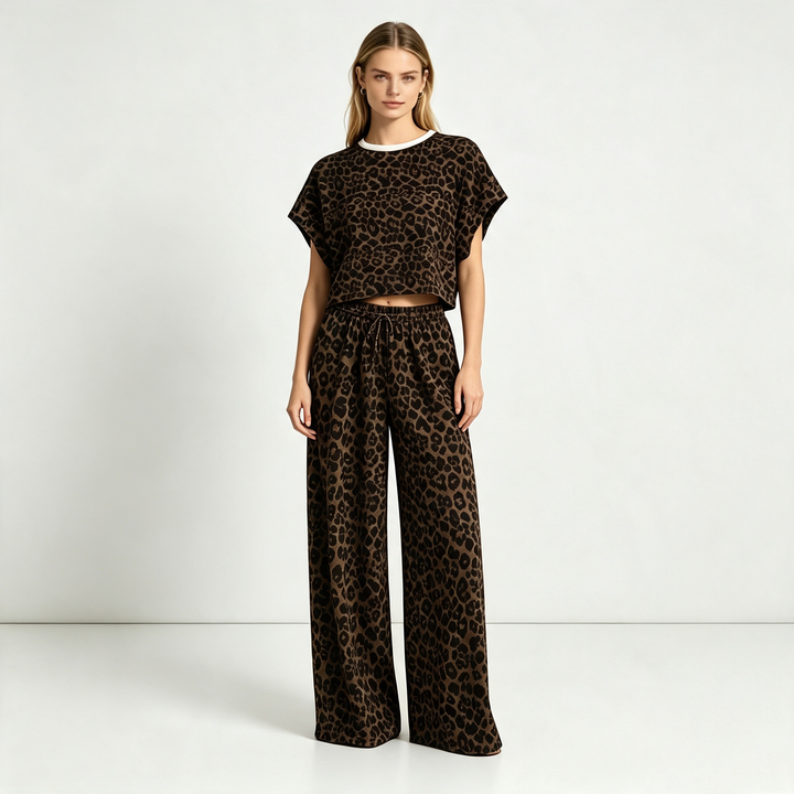 Leopard print short-sleeved wide-leg pants loungewear set