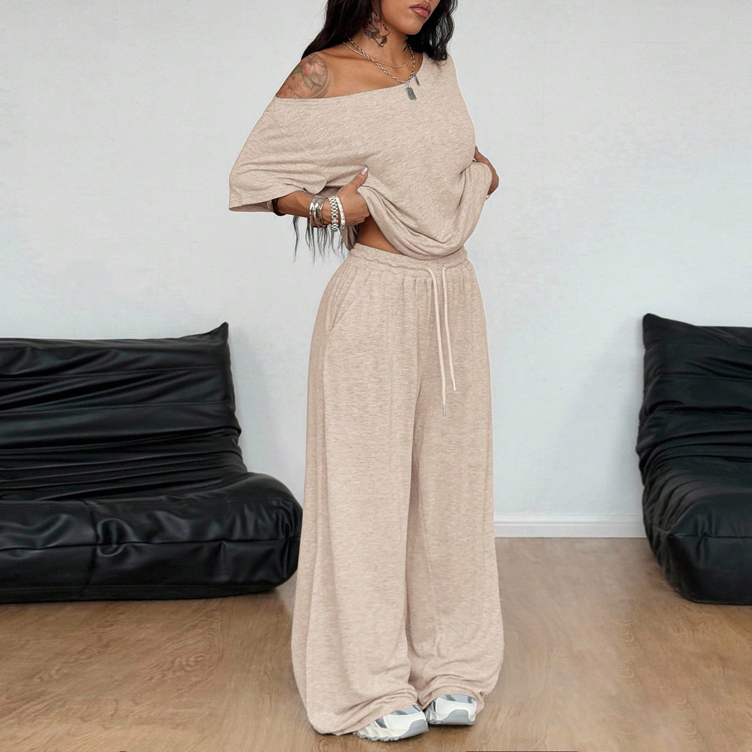Off-shoulder wide-leg casual set
