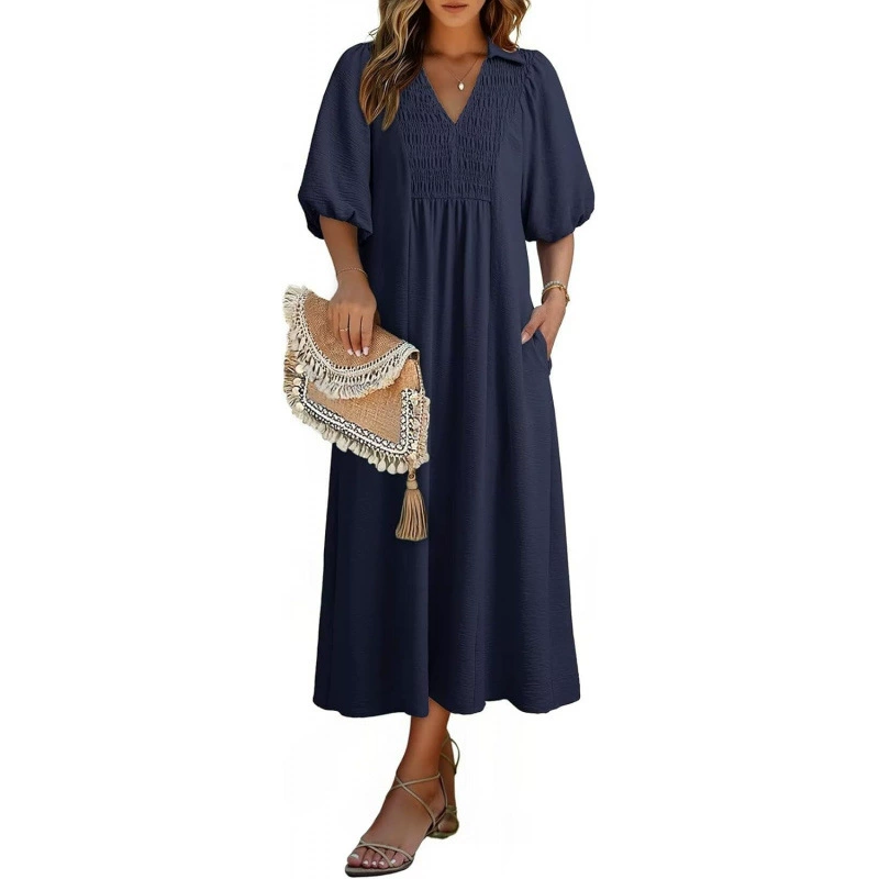 Relaxed Smocked V-Neck Midi Dress