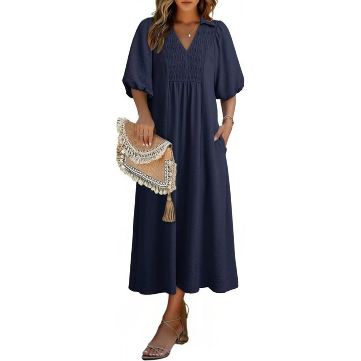 Relaxed Smocked V-Neck Midi Dress