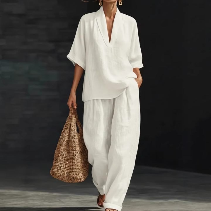 Linen Blend V-Neck Wide Leg Lounge Set