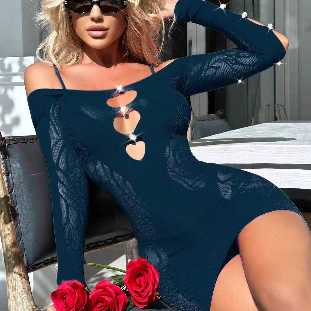 Women’s Off-Shoulder Mesh Mini Dress – Cutout Detail