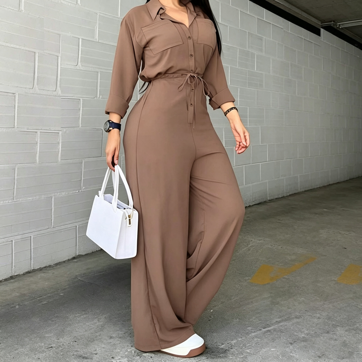 Women’s Collared Jumpsuit – Wide Leg &amp; Belted Waist