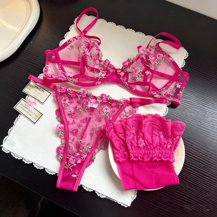 French Embroidered Tulle Underwire Bra Set