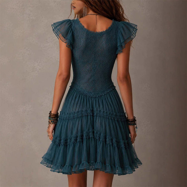 Lace Flutter Sleeve Tiered Mini Dress