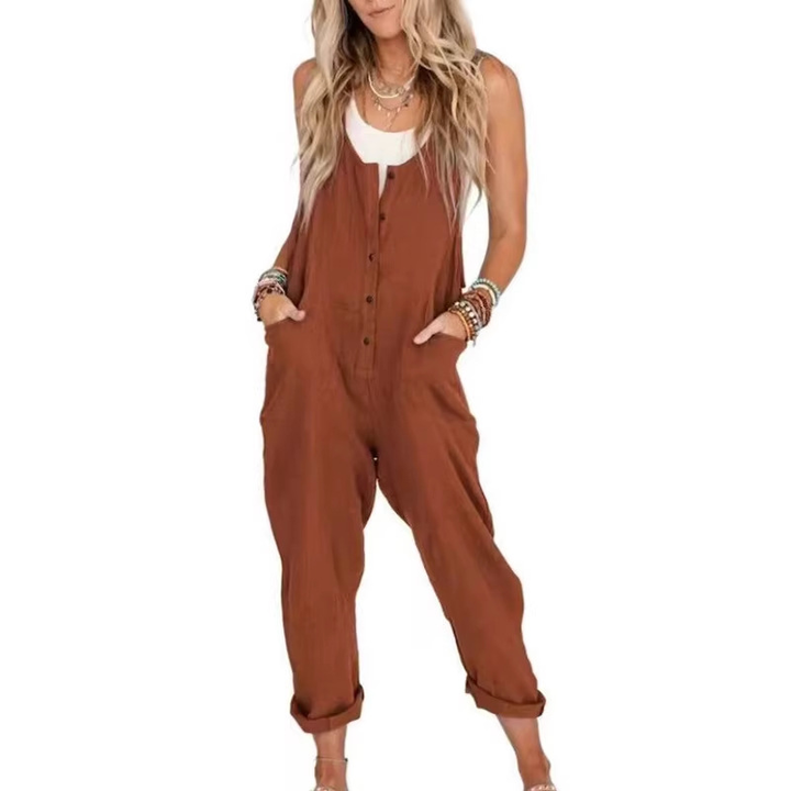 cotton and linen blend sleeveless loose jumpsuit