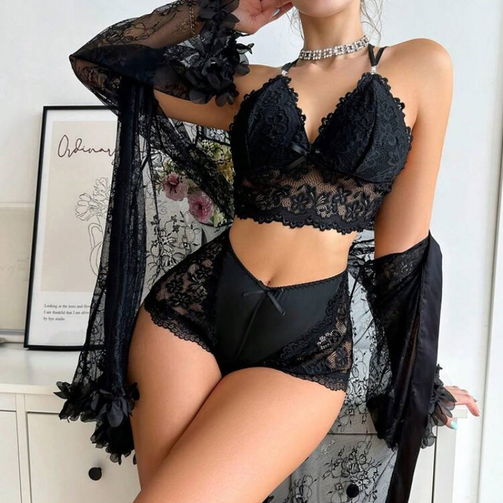 Women’s Lace Lingerie Set – 3-Piece with Robe