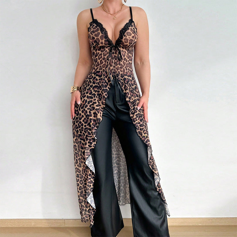 Leopard print see-through long skirt thong pajamas two-piece set