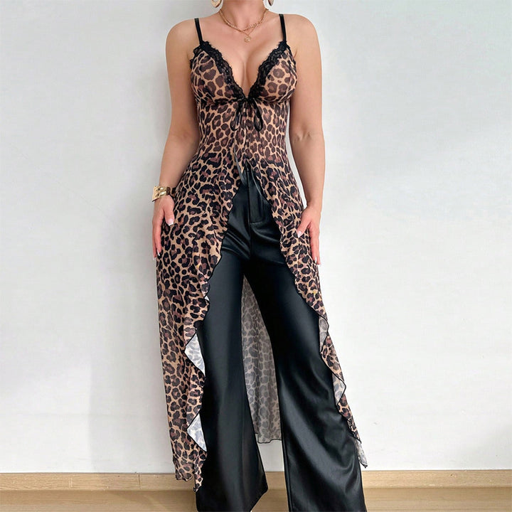 Leopard print see-through long skirt thong pajamas two-piece set