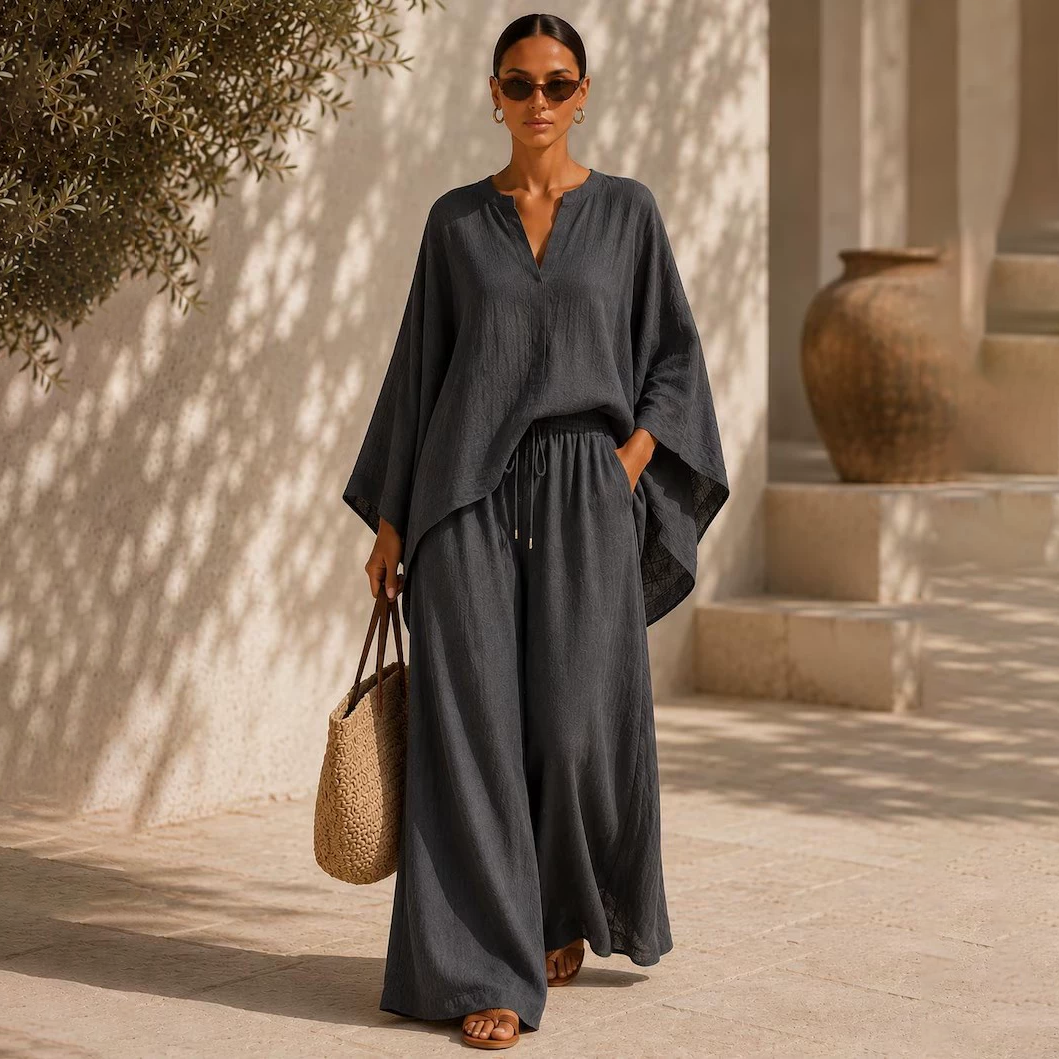 Batwing Sleeve V-Neck Top &amp; Wide Leg Pants Set