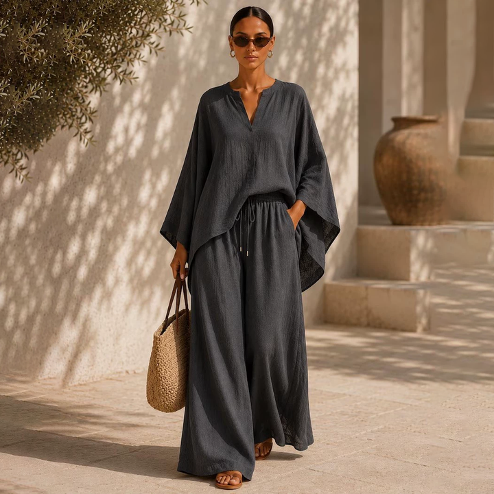 Batwing Sleeve V-Neck Top &amp; Wide Leg Pants Set