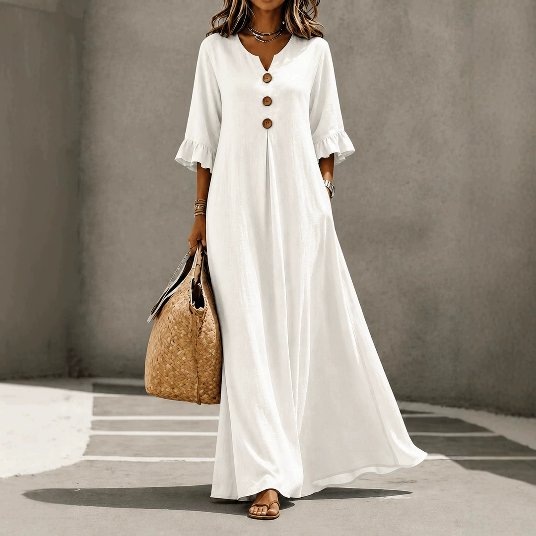 Relaxed Linen Blend Henley Maxi Dress