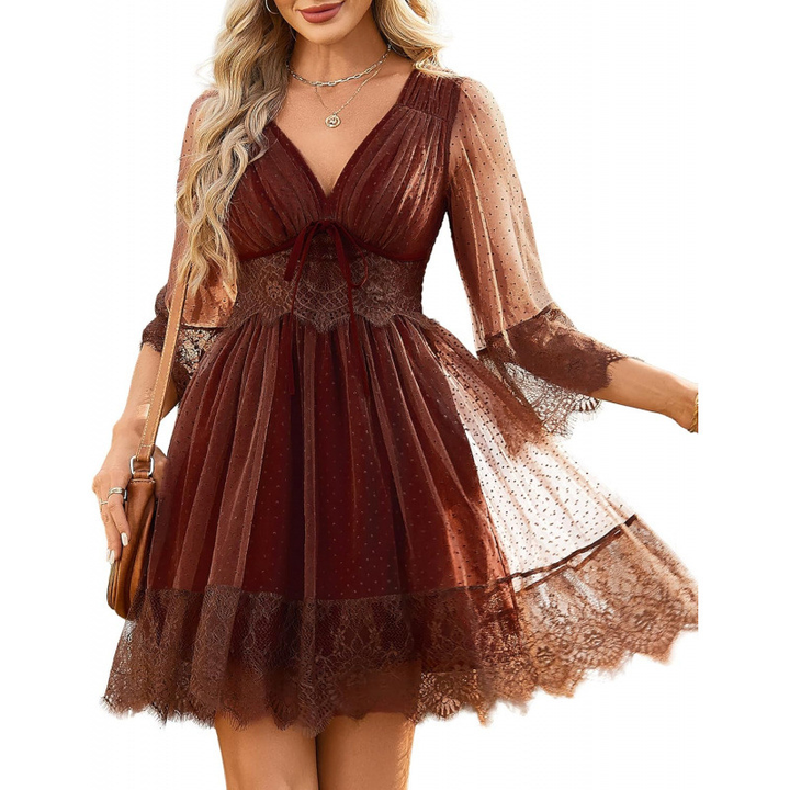 Elegant Lace Trim Swiss Dot Mini Dress