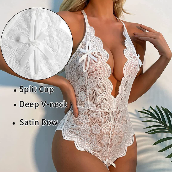 Deep V-neck floral lace bodysuit