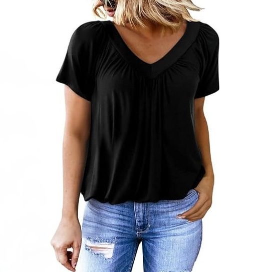 Casual V-Neck Shirred Short Sleeve Top