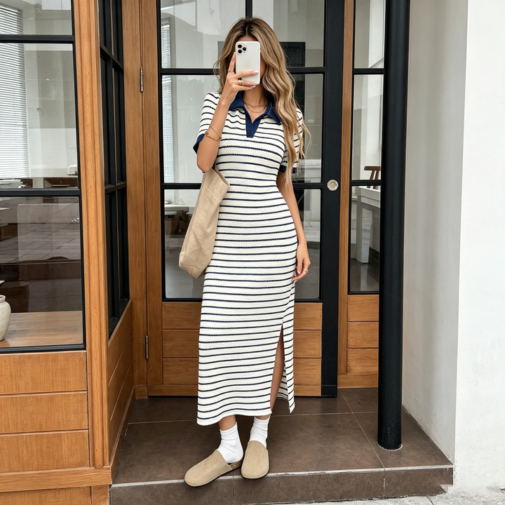 Elegant Striped Polo Knit Midi Dress