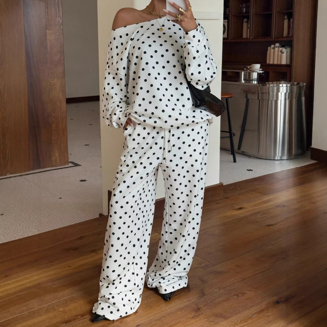 Polka dot off-shoulder long-sleeved drawstring set