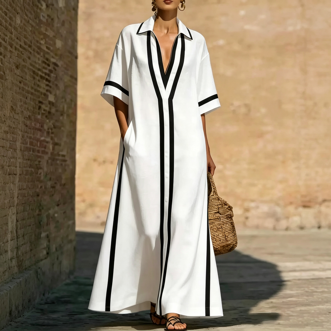 Contrast Trim Collared Maxi Dress