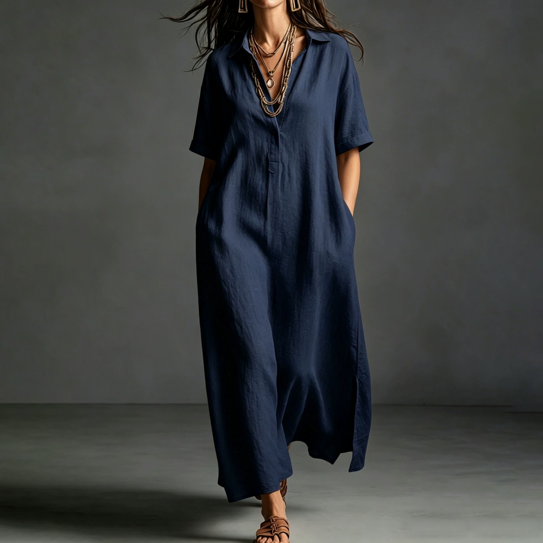 Linen Blend Collared Maxi Dress