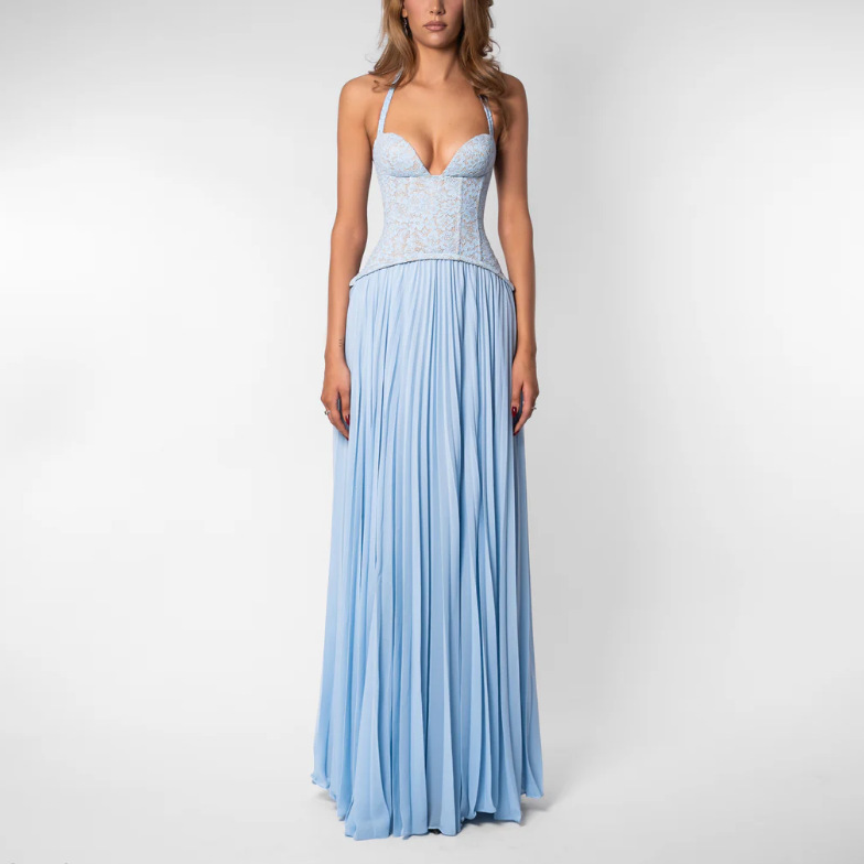 Elegant Halter Pleated Maxi Dress