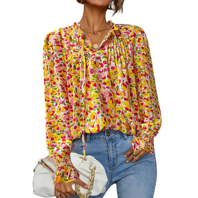 Tie Neck Puff Sleeve Chiffon Blouse