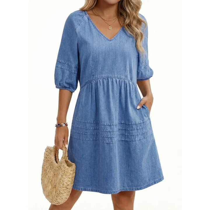 V-Neck Puff Sleeve Chambray Denim Dress