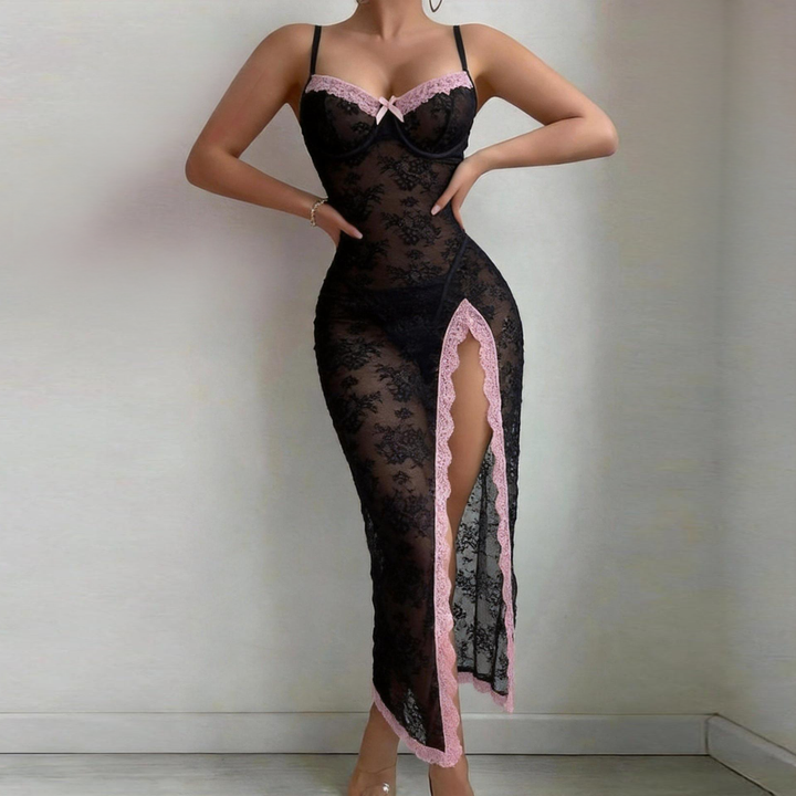 Women’s Sheer Lace Maxi Dress – Side Slit