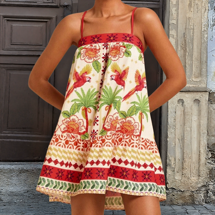 Boho Floral Print Spaghetti Strap Mini Dress