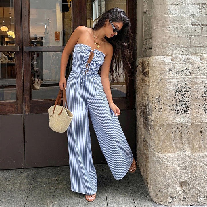Striped Strapless Wide Leg Jumpsuit