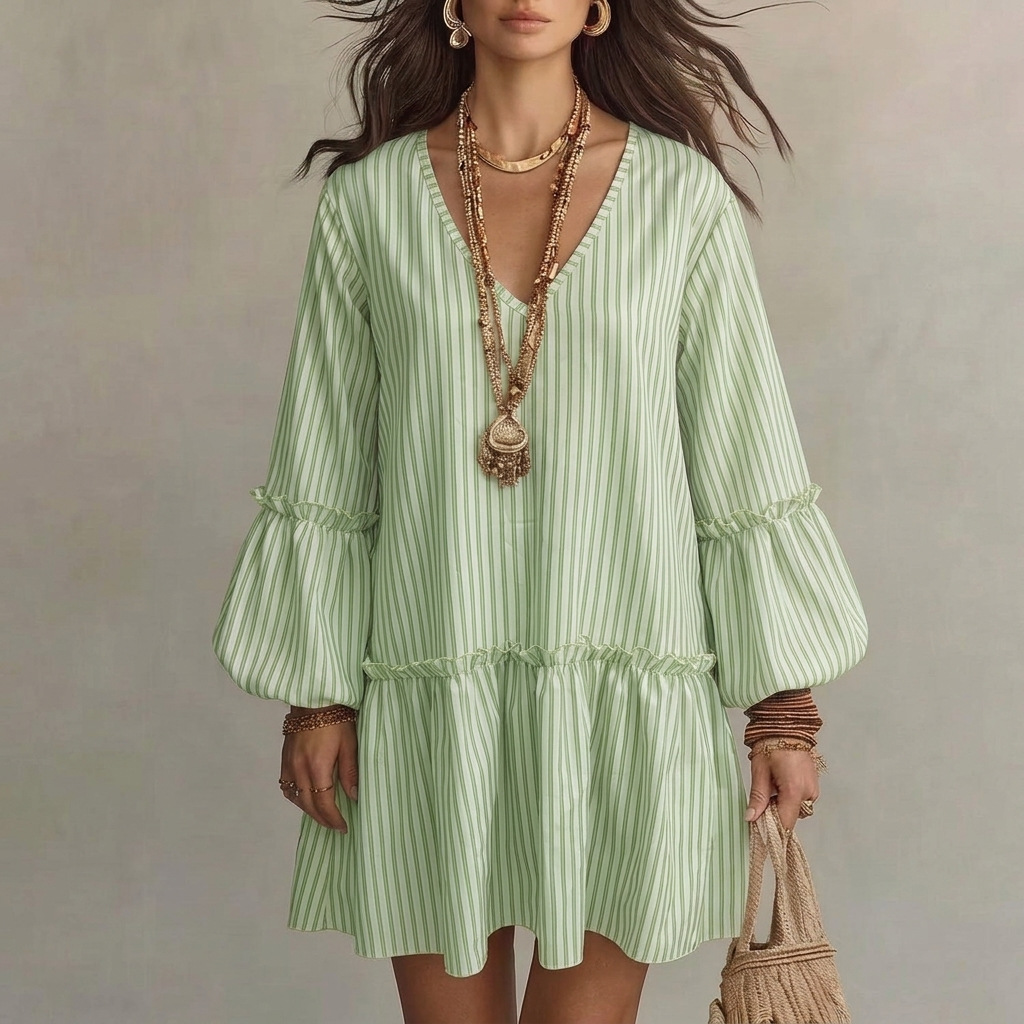Elegant Striped Puff Sleeve Dress
