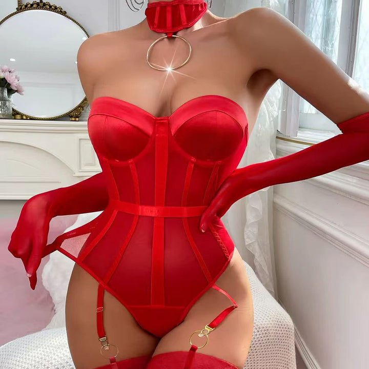 Women’s Sheer Mesh Corset Bodysuit – Garter Detail