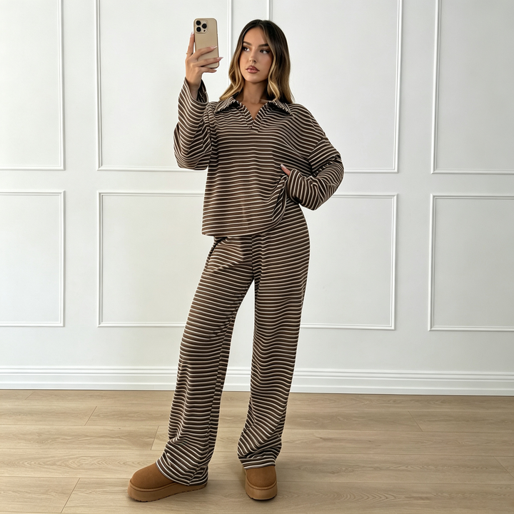Striped Polo Neck Wide Leg Lounge Set