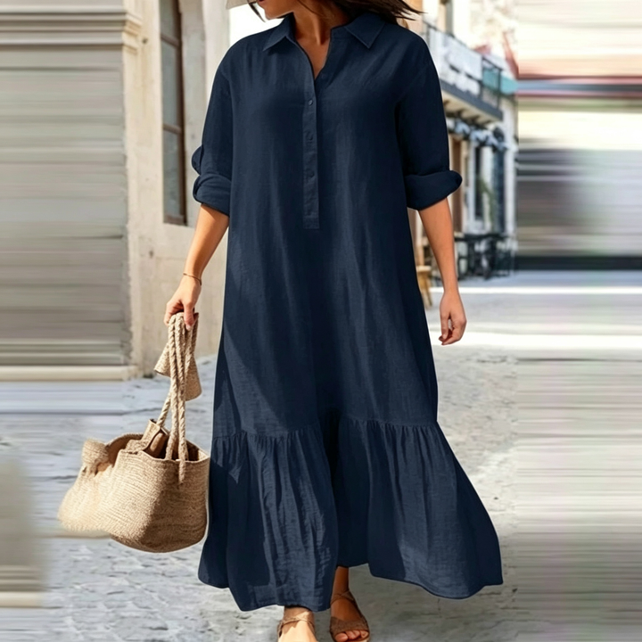 Linen Blend Tiered Shirt Maxi Dress