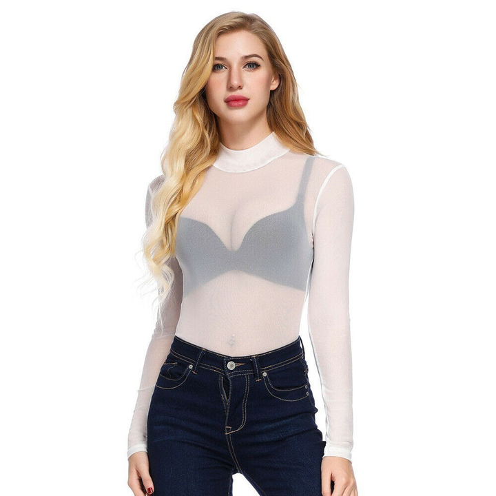 Sheer Mesh Turtleneck Slim Fit Top