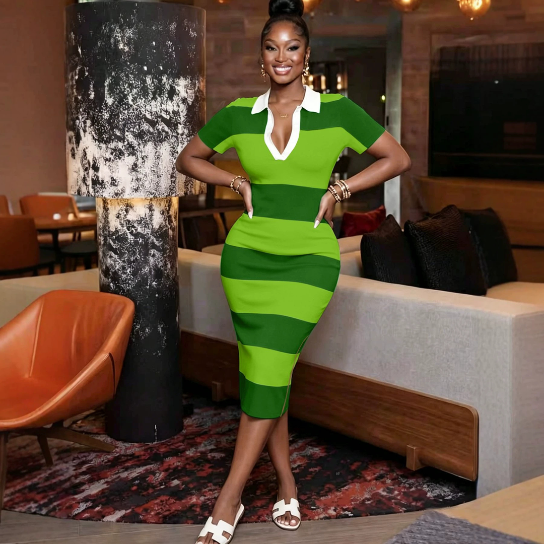 Elegant Striped Polo Knit Midi Dress