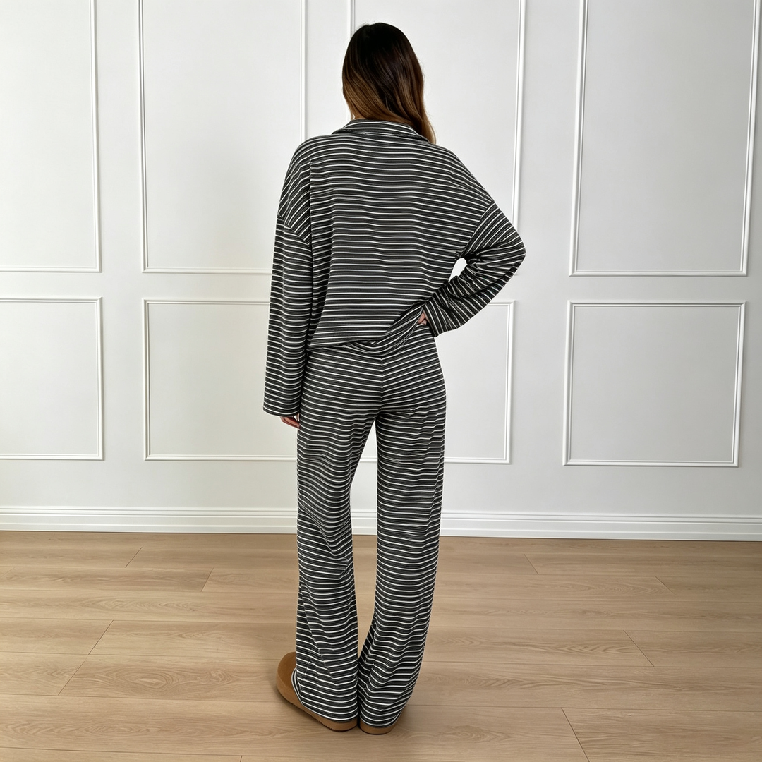 Striped Polo Neck Wide Leg Lounge Set