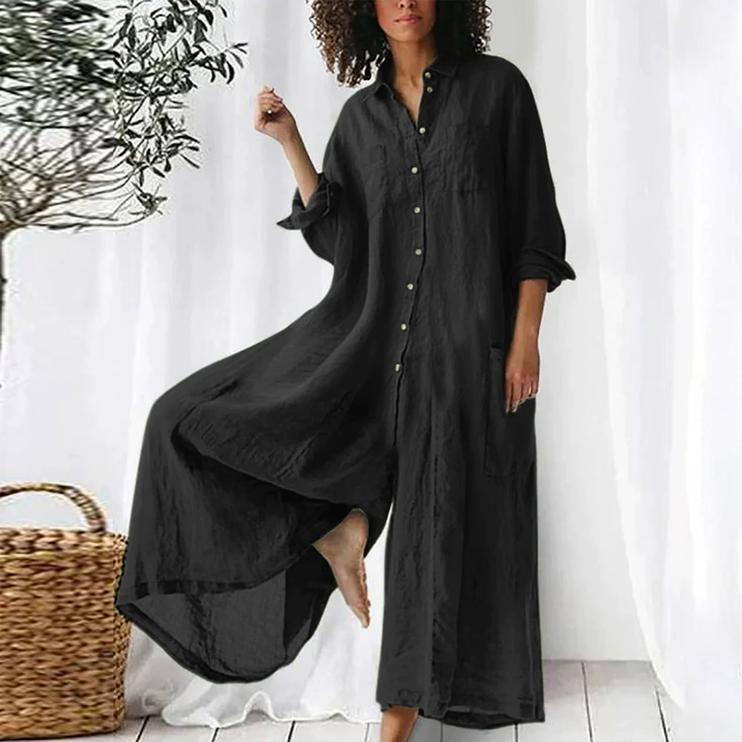 Linen Blend Long Sleeve Shirt Jumpsuit