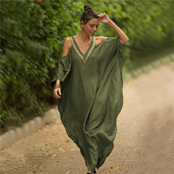 Embroidered Boho Beach Cover Up Maxi Dress
