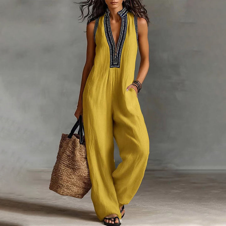 Linen Blend Sleeveless Zip-Front Jumpsuit