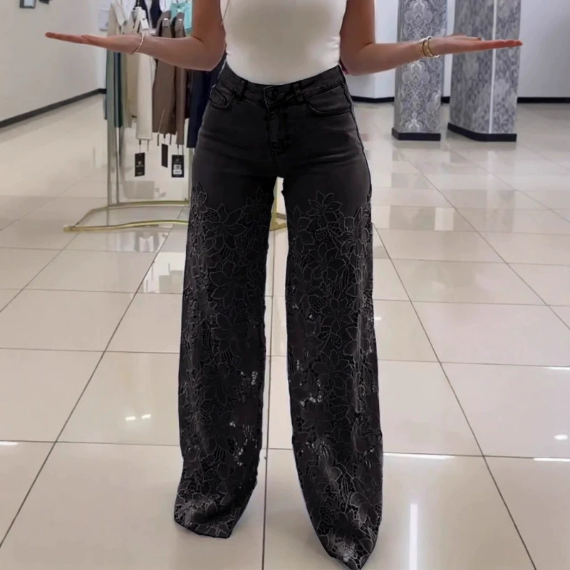 High-Waisted Floral Lace Wide Leg Jeans