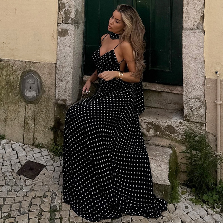 Elegant French Polka Dot Slip Maxi Dress