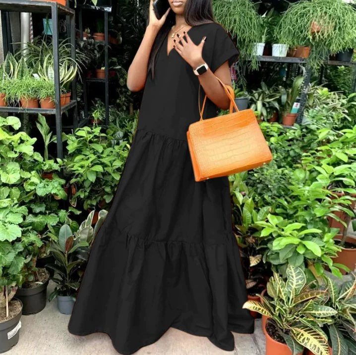 Cotton Blend V-Neck Slit Maxi Dress