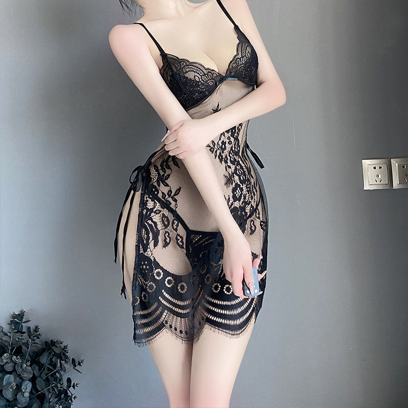 Sexy side-opening see-through suspender pajamas