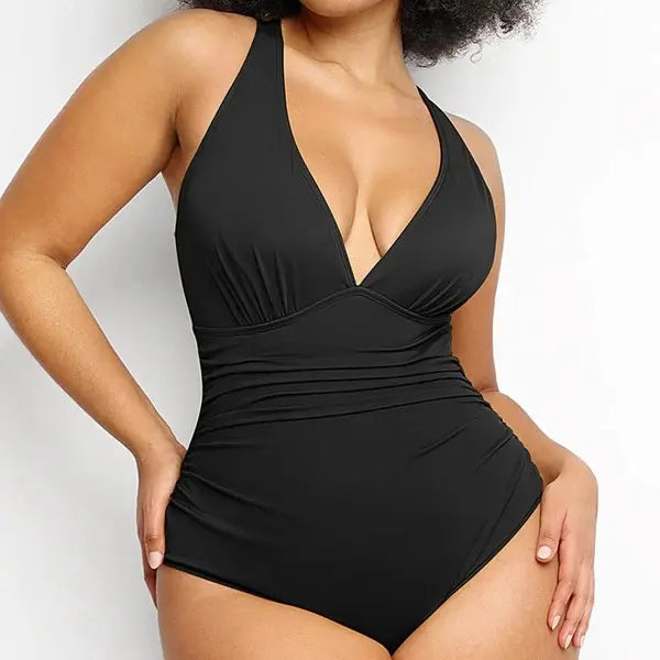 Deep V Cutout Cross-Back One-Piece Swimsuit