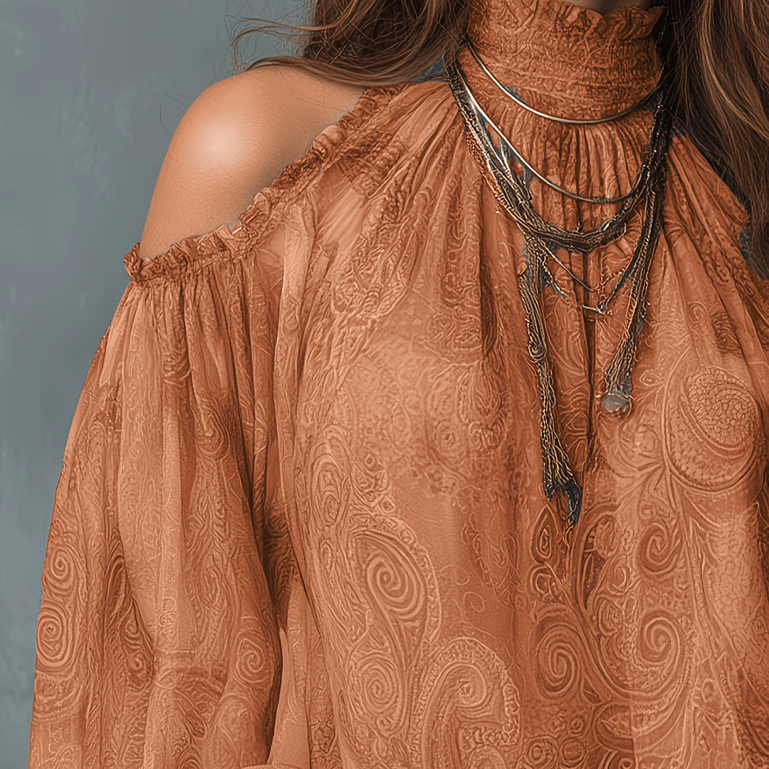 Vintage Paisley Cold-Shoulder Chiffon Blouse