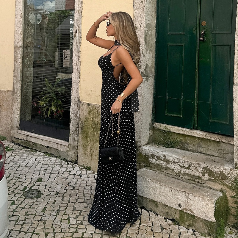 Elegant French Polka Dot Slip Maxi Dress