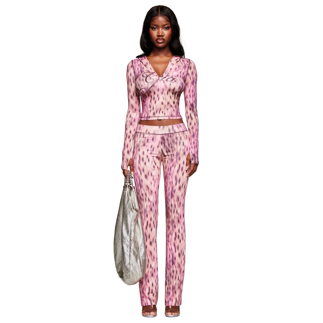 Leopard print zipper street style tracksuit